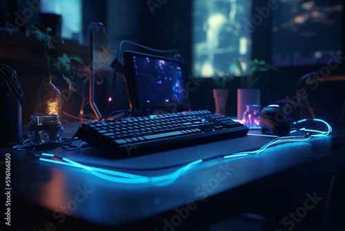 Creative workspace with neon-lit keyboard and mouse  Generative AI 