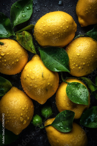Fresh lemons with water drops on dark background,Generative AI