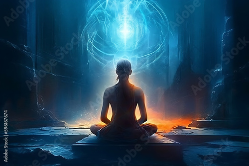 Mental meditation and energy healing futuristic style, Yoga cosmic space meditation illustration, silhouette of man practicing outdoors at night, generative ai