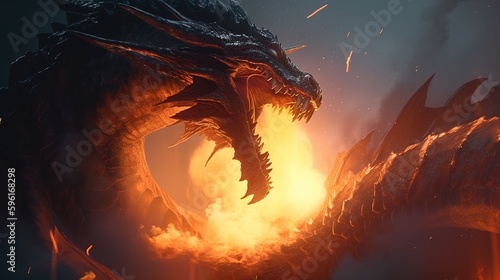 giant dragon unleashes fiery breath, digital art illustration, Generative AI