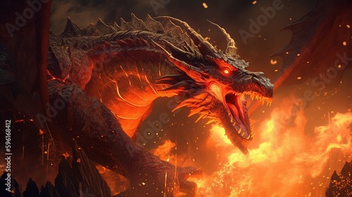 giant dragon unleashes fiery breath, digital art illustration, Generative AI © Artcuboy