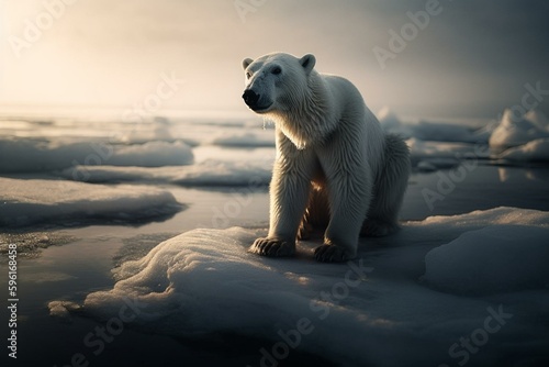 Polar bear stranded on ice floe due to climate change. Generative AI