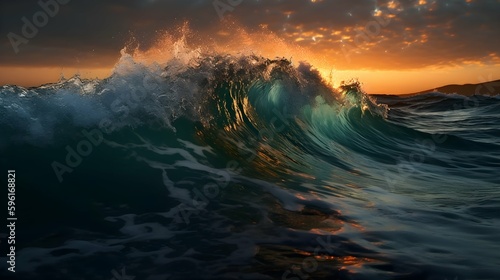 Sunset over the sea waves, beautiful summer, beach landscape, ocean, photography wallpaper style, horizontal format 16:9