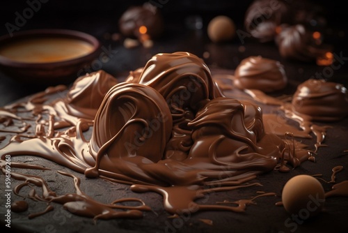Melted chocolate swirls surround pralines in a 3D-style presentation. Generative AI