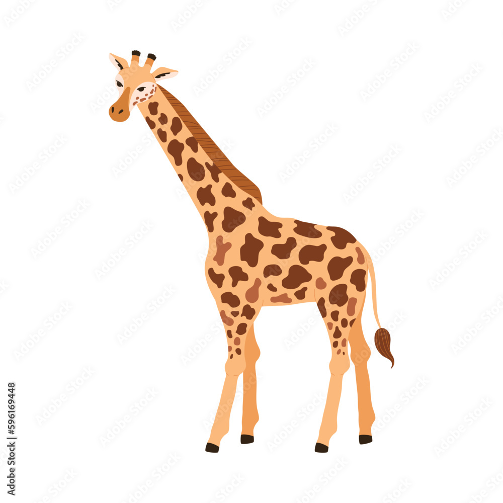 Cute giraffe standing, cartoon flat vector illustration isolated on white background.