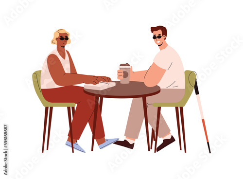 Blind people in dark glasses drinks coffee outdoor flat style
