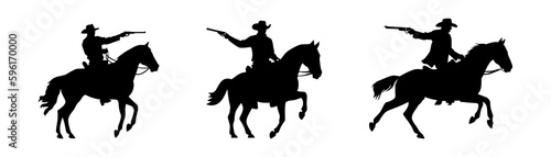 Cowboy shooting from horse silhouette black filled vector Illustration icon t-shirts cards