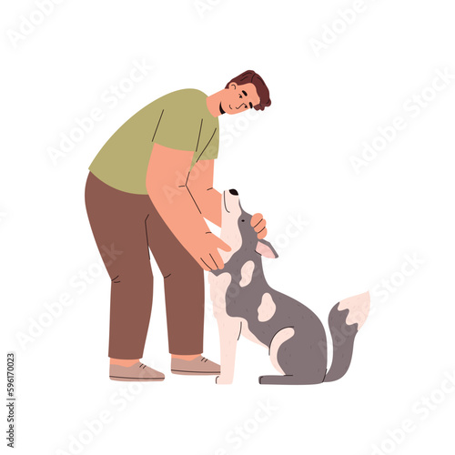 Man petting a dog showing the love between pet and owner, flat vector isolated.