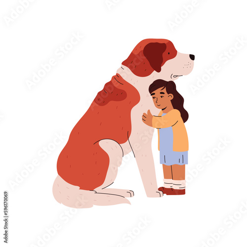Child hugging a huge dog characters for ESA, flat vector illustration isolated.