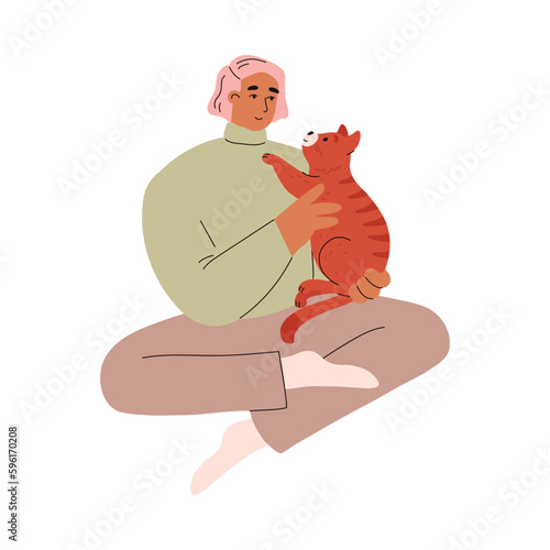 Woman sitting on the floor and playing with cute cat, flat vector isolated.