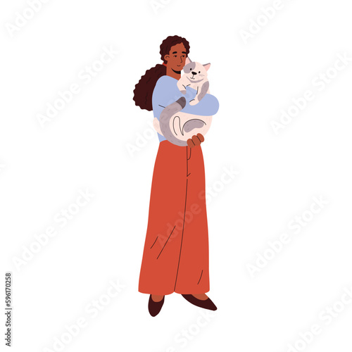 Woman hugging cat for veterinary or pets assisted therapy, flat vector isolated.