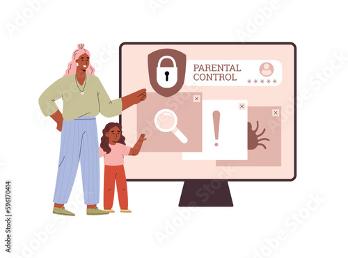 Mother uses apps to restrict her child accessing the internet, vector isolated.
