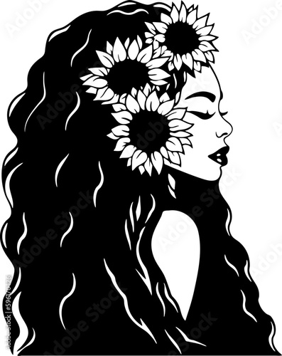 Beautiful african american woman with curly long hairstyle and sunflowers. Cartoon style. Isolated on white background. Vector illustration for beauty salons, posters, and social media.