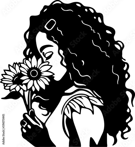 Beautiful african american woman with curly long hairstyle and sunflowers. Cartoon style. Isolated on white background. Vector illustration for beauty salons, posters, and social media.