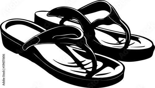 Flip Flops, black silhouette. Summer vacation footwear. Cartoon style. Vector illustration on white isolated background. Good for packaging, posters, and social media.