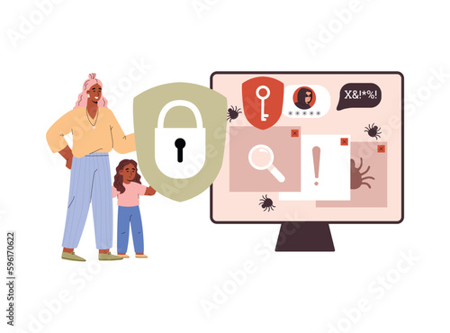 Parental control of children communication on the Internet, flat vector isolated.