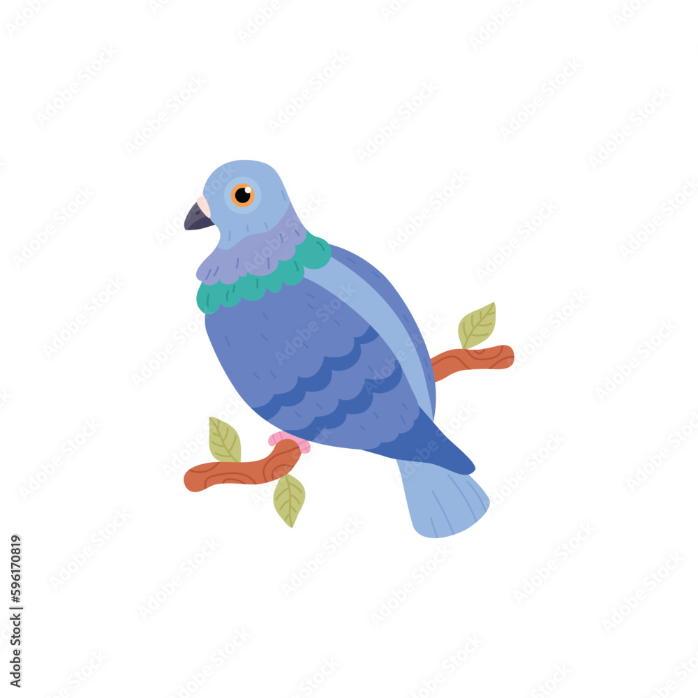 Fototapeta premium Cute pigeon sitting on tree branch with leaves, cartoon flat vector illustration isolated on white background.