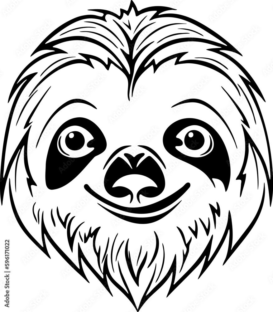 Sloth cute face. Cartoon style. Black and white illustration. Vector on white isolated background. Good for packaging, logo, and decor.