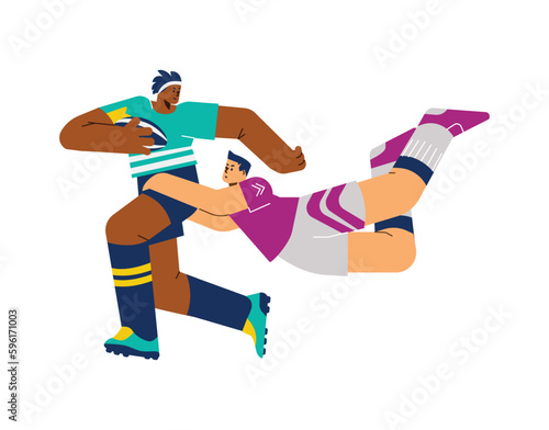 Rugby team players in motion flat cartoon vector illustration isolated on white.