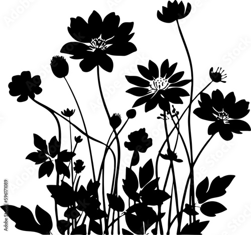 Wildflowers field - black silhouette. Vector illustration on white isolated background. Summer concept. Good for packaging, logo, and decor.