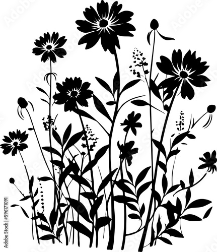 Wildflowers field - black silhouette. Vector illustration on white isolated background. Summer concept. Good for packaging, logo, and decor.