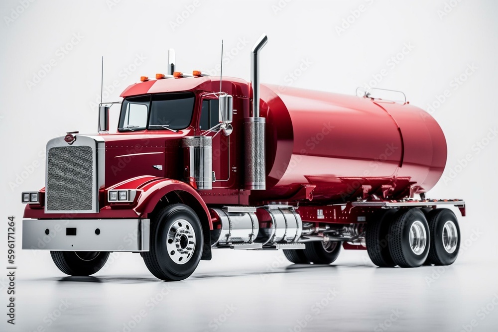 A large red tanker truck from the United States, seen in isolation against a white backdrop. Generative AI