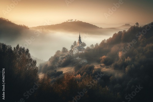 A misty view with trees, hills, and a distant hilltop church under a foggy sky. Generative AI