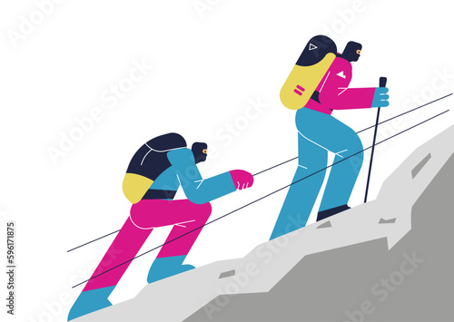 Climbers and hikers in the mountains climb the tourist trail, flat vector.