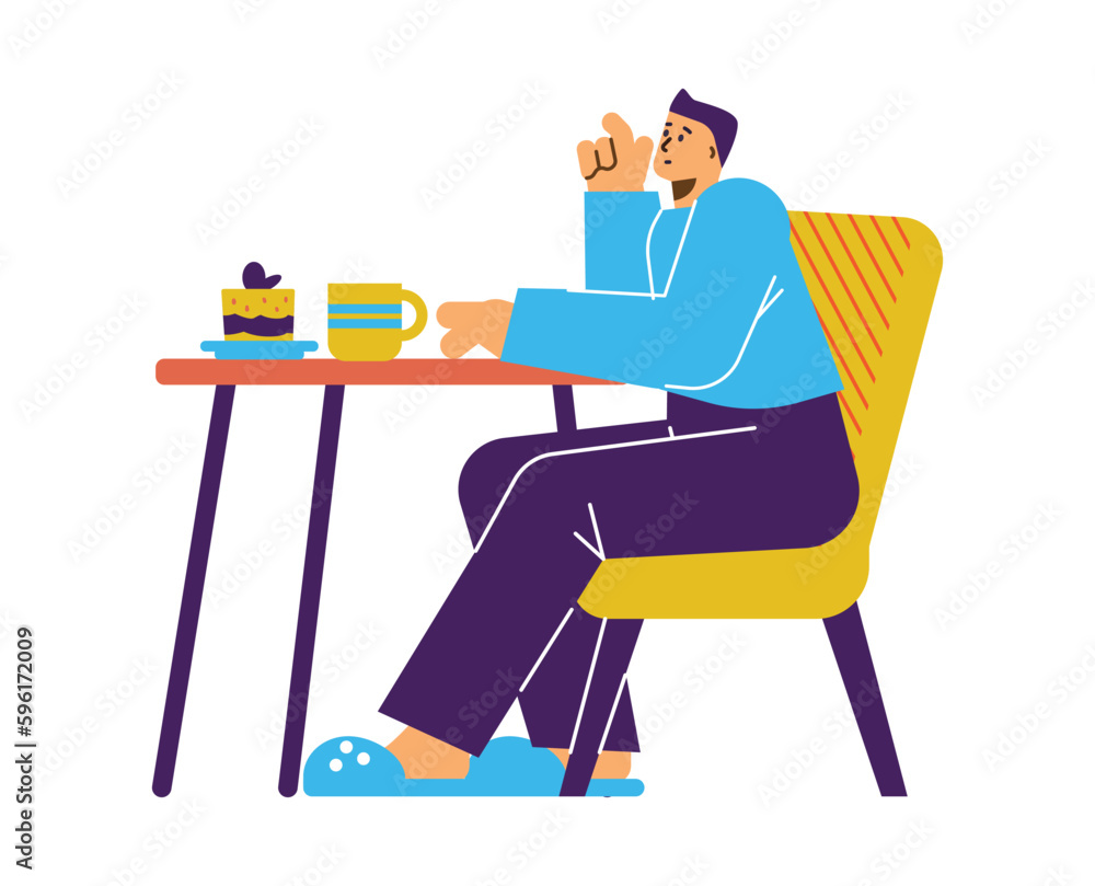 Pensive man dreaming during breakfast, flat vector illustration isolated on white background.