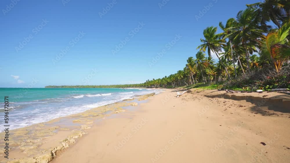 Bahamas sandy beach with yellow sand on the island of palms on a spring morning. Emerald water under a high clear tropical sky. Sea waves on the sand on the Caribbean coast. Cruise. Bahamas sandy beach with yellow sand on the island of palms on a spring morning. Emerald water under a high clear tropical sky. Sea waves on the sand on the Caribbean coast. Cruise.