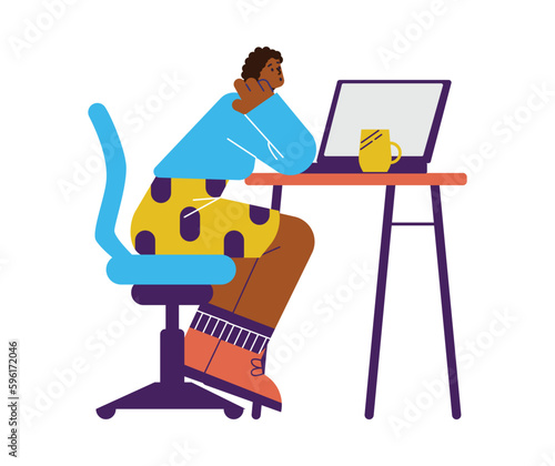 Woman dreaming at workplace, flat vector illustration isolated on white background.