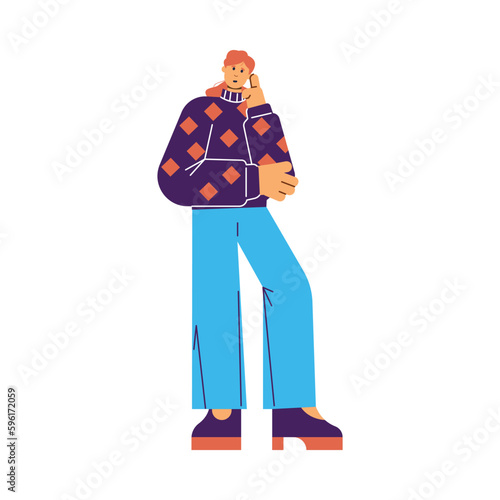 Standing concentrated woman holding hand to face flat style