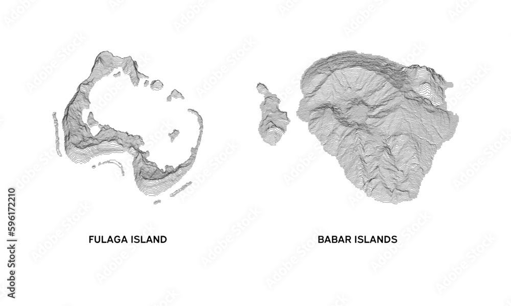 Fulaga and Babar Islands in 3D topography map, vector contour.