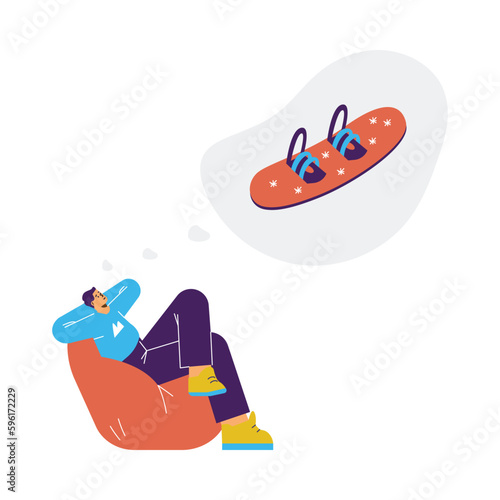 Young boy in chair dreaming about snowboarding flat style