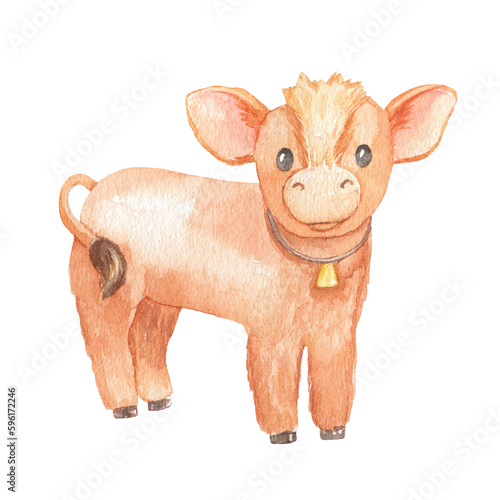 Cute calf isolated on white background. Watercolor cartoon illustration. Little cow