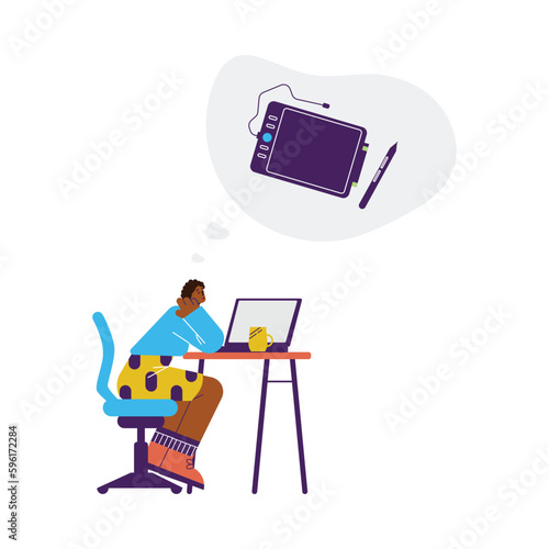 Woman sitting on workplace with laptop and dreaming about graphics tablet flat style