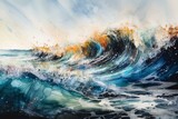Colorful painting of ocean waves in ink and watercolor. Generative AI