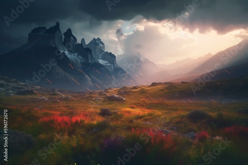 Vivid dreamlike environment featuring fields and peaks crafted through innovation. Generative AI