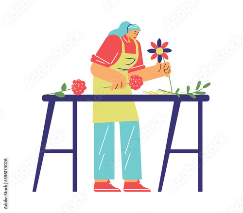 Florist woman making bouquet, flat vector illustration isolated on white background.