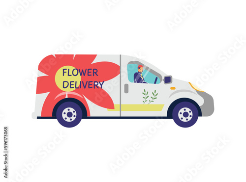 Flower delivery truck, flat vector illustration isolated on white background.
