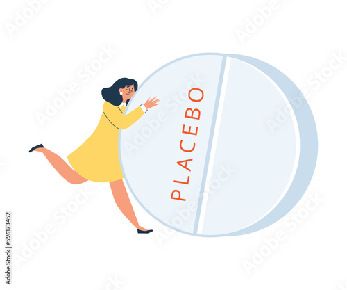 Happy woman hugging huge placebo tablet flat style, vector illustration