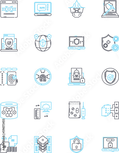 Digital defense linear icons set. Cybersecurity, Encryption, Firewall, Malware, Passwords, Phishing, Vulnerabilities line vector and concept signs. Antivirus,Authentication,Cybercrime outline photo