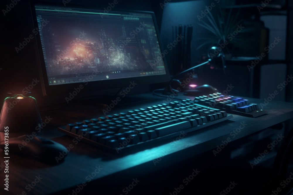 Gaming setup with illuminated keyboard and mouse, Generative AI Gaming setup with illuminated keyboard and mouse, Generative AI