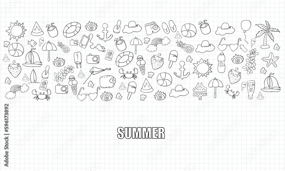 Naklejka premium Summer beach hand drawn vector symbols and objects, drawing by hand vector