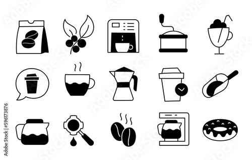 Coffee icon set. Black and white. Editable outline stroke. Vector line.