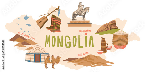 Map of Mongolia with sights. Traditional dishes, household items of nomads, a yurt. Vector illustration for the design of tourist brochures, tourist maps. A landmark monument to Genghis khan.