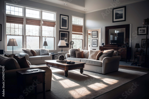 Living room interior. Comfortable furniture  glass windows. AI generative
