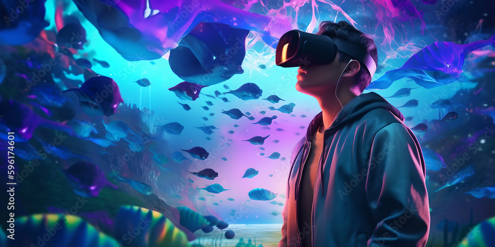Naklejka premium a man appearance experiencing metaverse world with vr