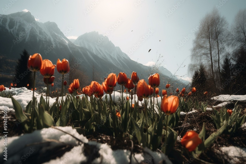 Tulip bed with mountain view amidst snow. Generative AI