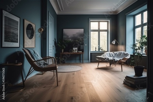 Contemporary Scandi room, wood floors, blue walls. Generative AI